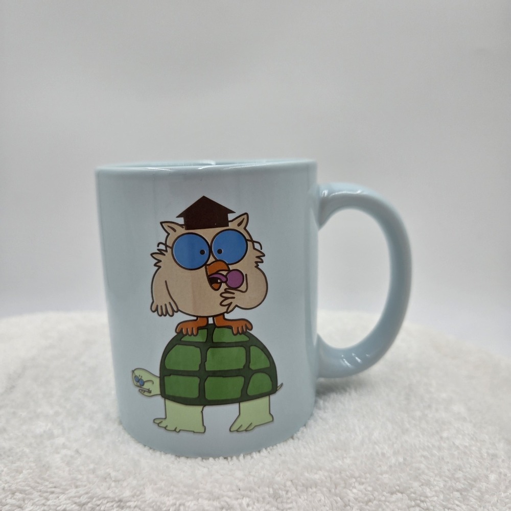 Vtg Loungefly Tootsie Pop Mug Mr Owl & Turtle Double Sided Sky Blue Glaze 2007